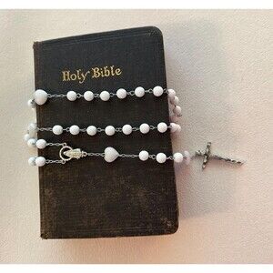 White Chapel – Handmade Milk Glass Rosary, Vintage Sacred Heart Catholic Prayer